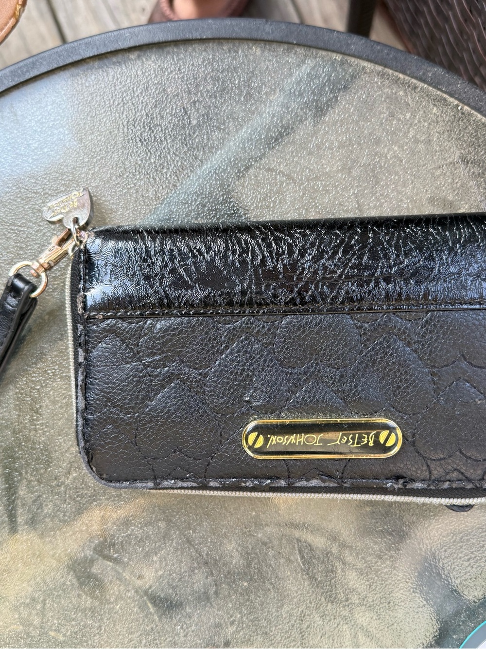 Betsey Johnson Black Quilted Heart Patent Wristlet